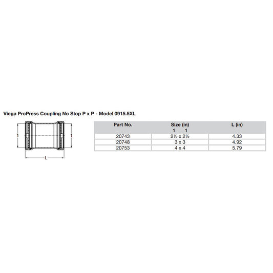 Viega ProPress 212 Copper Coupling wo Stop Double Press Connection Smart Connect Technology 20743