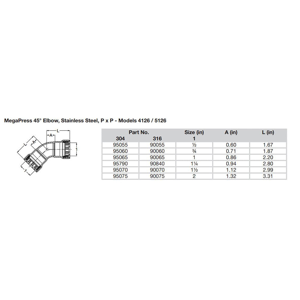 Viega MegaPress 112 45 Stainless Steel 304 Elbow Double Press Connection Smart Connect Technology 95070