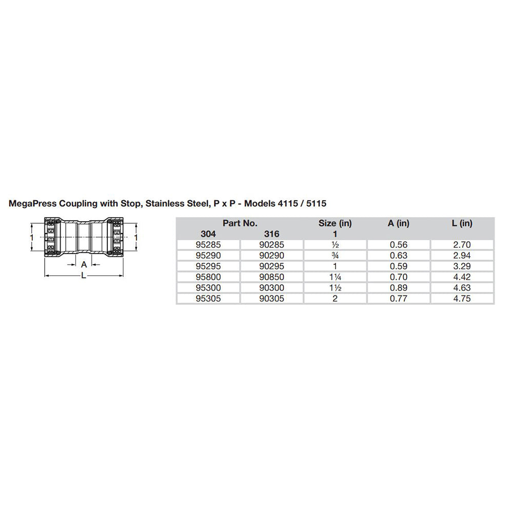Viega MegaPress 12 Stainless Steel 304 Coupling wStop Double Press Connection Smart Connect Technology 95285