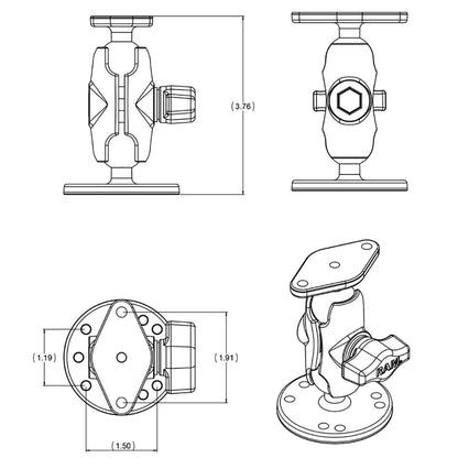 RAM Mount Flat Surface Mount Short Arm wDiamond Base RAMB138UA