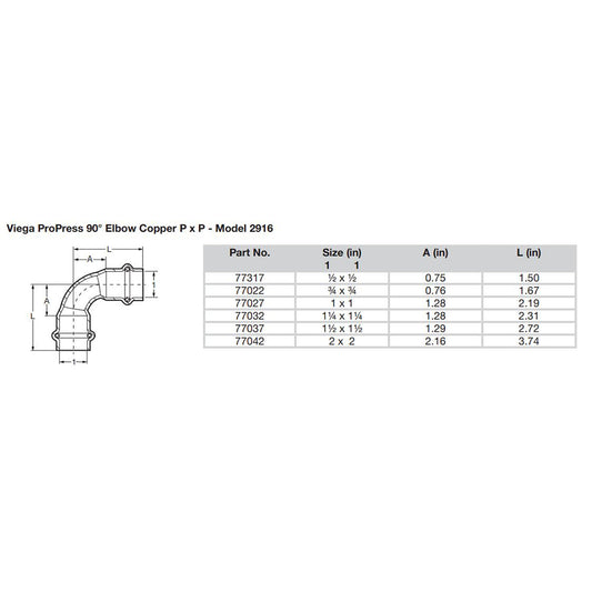 Viega ProPress 12  90 Copper Elbow  Double Press Connection  Smart Connect Technology 77317