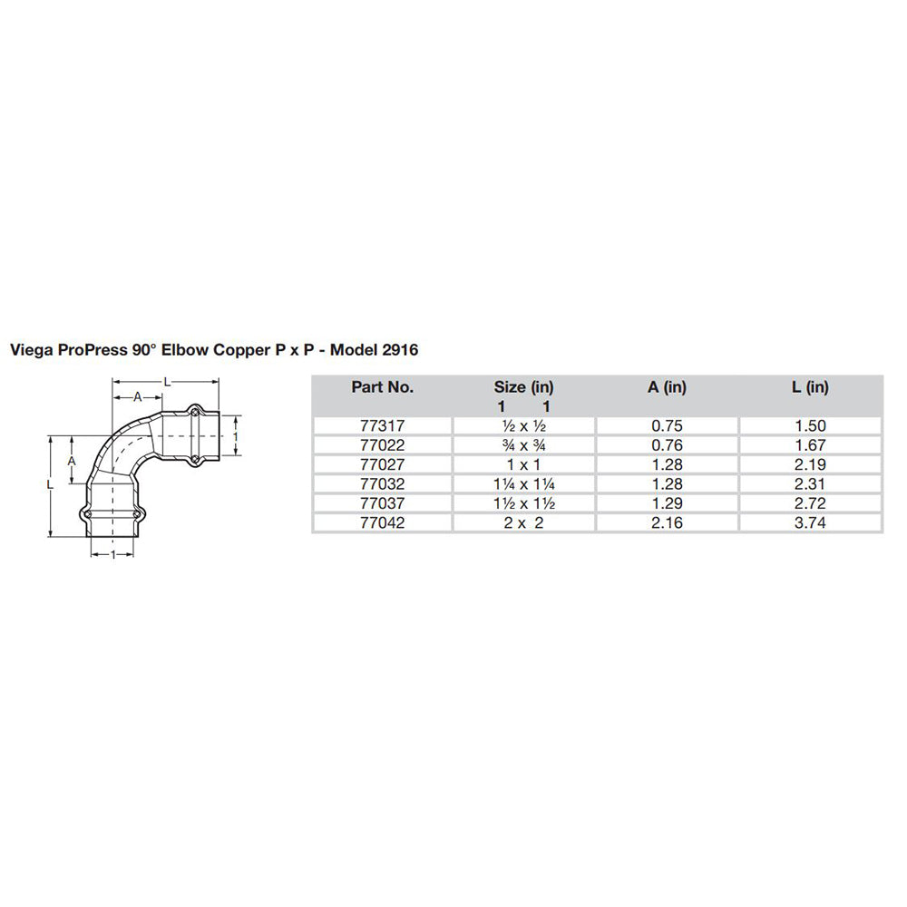 Viega ProPress 112  90 Copper Elbow  Double Press Connection  Smart Connect Technology 77037