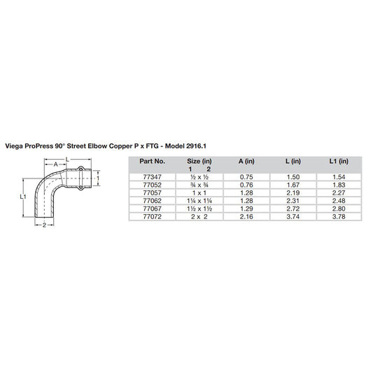 Viega ProPress 34  90 Copper Elbow  StreetPress Connection  Smart Connect Technology 77052