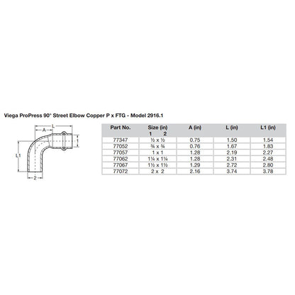 Viega ProPress 1  90 Copper Elbow  StreetPress Connection  Smart Connect Technology 77057