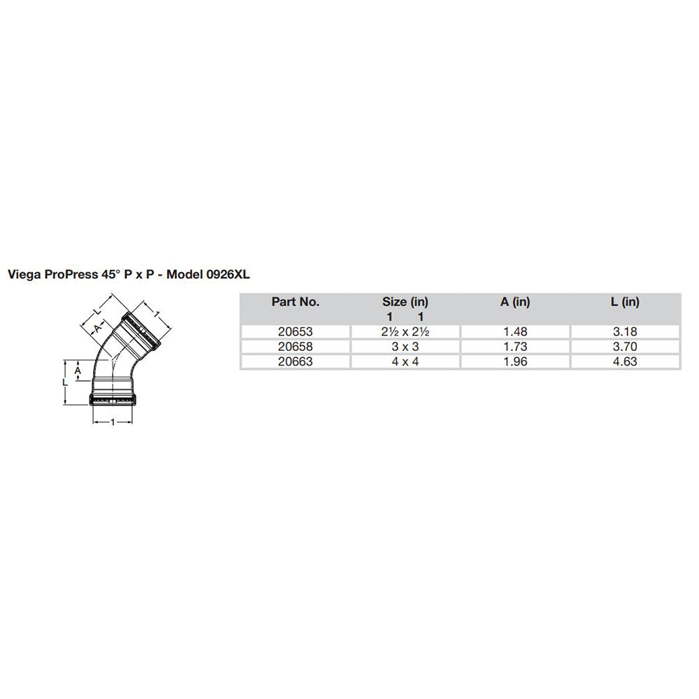 Viega ProPress 212  45 Copper Elbow  Double Press Connection  Smart Connect Technology 20653