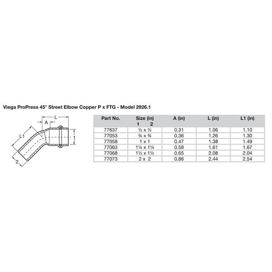 Viega ProPress 2 45 Copper Elbow StreetPress Connection Smart Connect Technology 77073