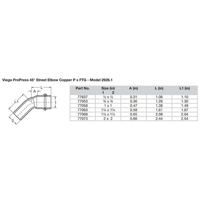 Viega ProPress 2 45 Copper Elbow  StreetPress Connection  Smart Connect Technology 77073