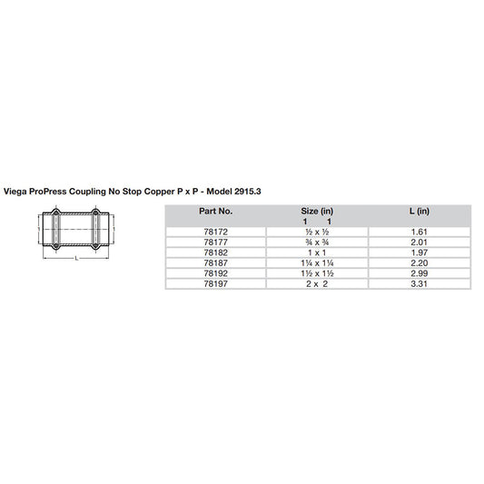 Viega ProPress 12 Copper Coupling wo Stop  Double Press Connection  Smart Connect Technology 78172