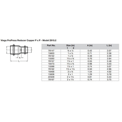 Viega ProPress 114 x 1 Copper Reducer  Double Press Connection  Smart Connect Technology 78157