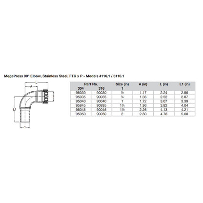 Viega MegaPress 12 90 Stainless 304 Elbow  StreetPress Connection  Smart Connect Technology 95030