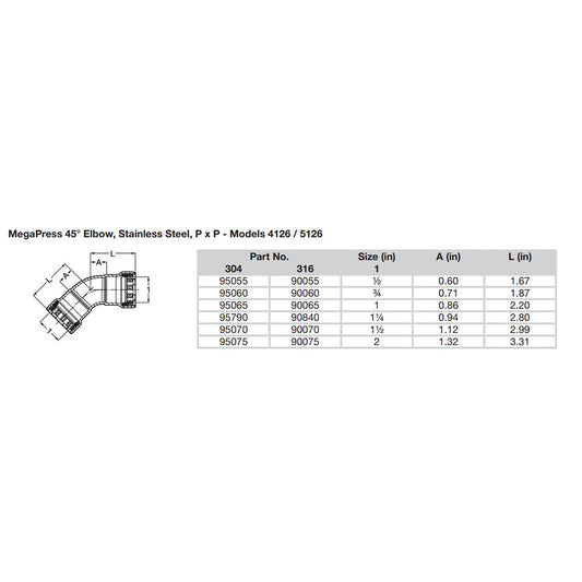 Viega MegaPress 12 45 Stainless Steel 304 Elbow  Double Press Connection  Smart Connect Technology 95055