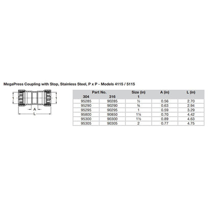 Viega MegaPress 1 Stainless Steel 304 Coupling wStop  Double Press Connection  Smart Connect Technology 95295