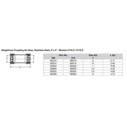 Viega MegaPress 112 Stainless Steel 304 Coupling wo Stop  Double Press Connection  Smart Connect Technology 95325