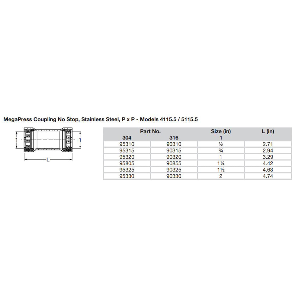 Viega MegaPress 2 Stainless Steel 304 Coupling wo Stop  Double Press Connection  Smart Connect Technology 95330