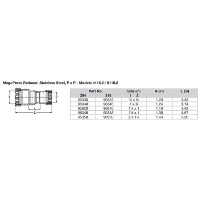 Viega MegaPress 112 x 1 Stainless Steel 304 Reducer  Double Press Connection  Smart Connect Technology 95345